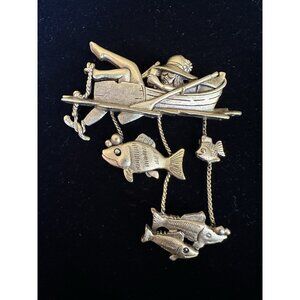 Danecraft D Articulating Row Boat Girl Fishing Fish Goldtone 2.5" Brooch Vtg
